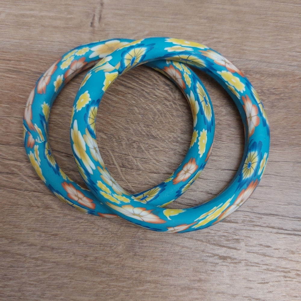 Fimo Polymer Clay Flower Floral Bangle Bracelet Bundle Lot of 2